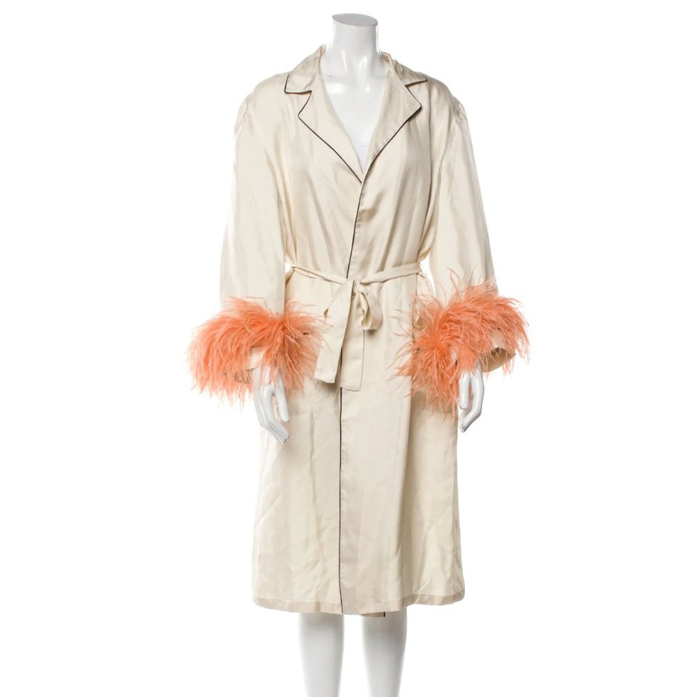 PRADA Silk Robe With Feather Trim, Size: M